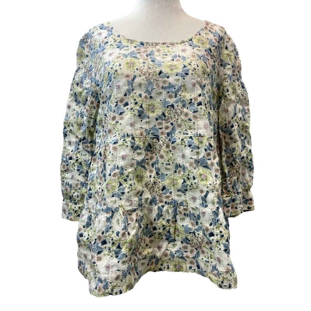J Jill Blouse Womens Petite S Multicolor Floral Scoop Neck 3/4 Sleeve Tunic Top